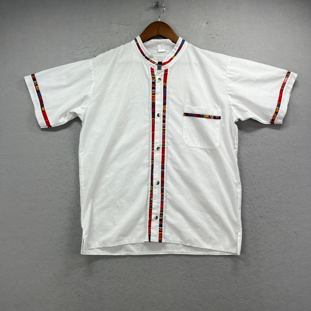 Mexican Tribal Aztec Guayabera Button Up Shirt Mens Medium White Short Sleeve
